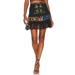 Charo Ruiz Ibiza Lace Trim Floral Print Eibis Mini Skirt Garden Black Size XS